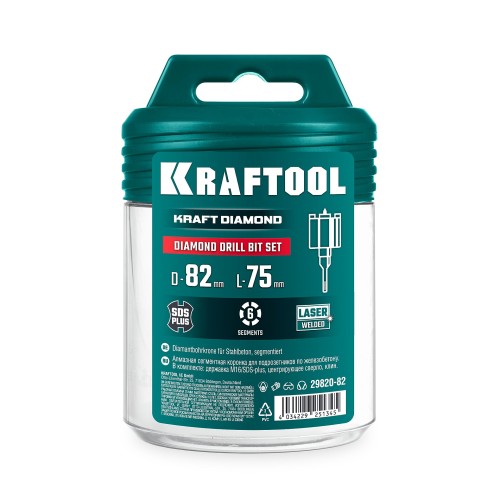 KRAFTOOL DIAMOND d 82 мм (М16, рабочая глубина 75 мм, лазерная сварка), Алмазная Коронка для подрозетников (29820-82)