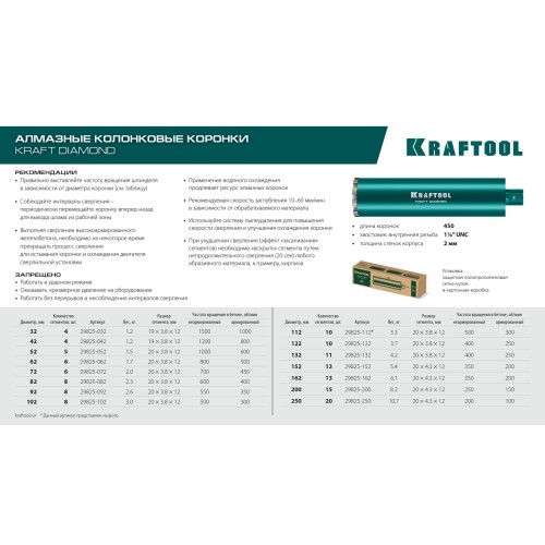 KRAFTOOL DIAMOND 132 мм (450 мм, 1 1/4″, лазерная сварка сегментов), Алмазная Коронка по железобетону (29825-132)