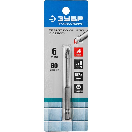 ЗУБР 6 мм, 4х кромка, HEX 1/4, Сверло по стеклу и кафелю, Профессионал (29845-06)