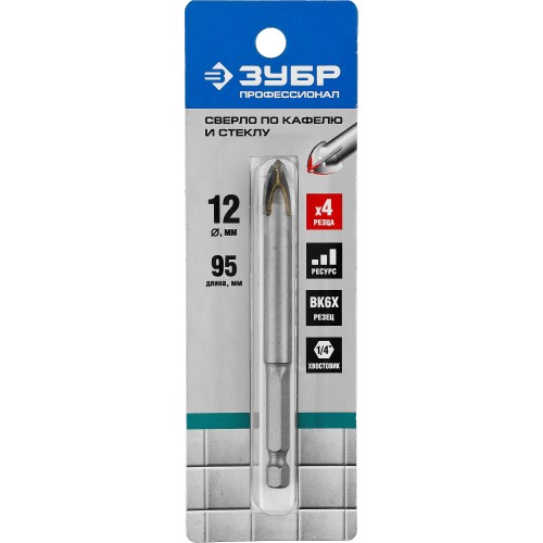 ЗУБР 12 мм, 4х кромка, HEX 1/4, Сверло по стеклу и кафелю, Профессионал (29845-12)