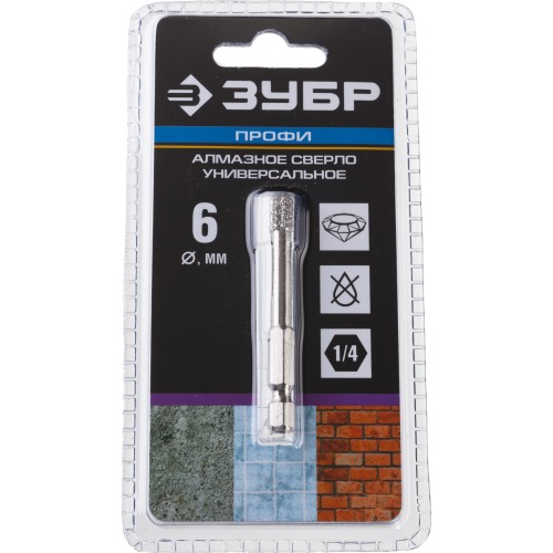 ЗУБР АВК, d 6 мм, (HEX 1/4″, 15 мм кромка), вакуумное алмазное трубчатое сверло, Профессионал (29865-06)