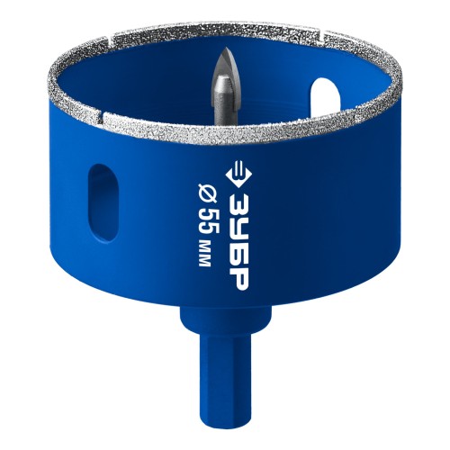 ЗУБР АГК d 55 мм (центр. сверло, трехгр. хвост, Р60), Алмазная коронка, Профессионал (29850-55)
