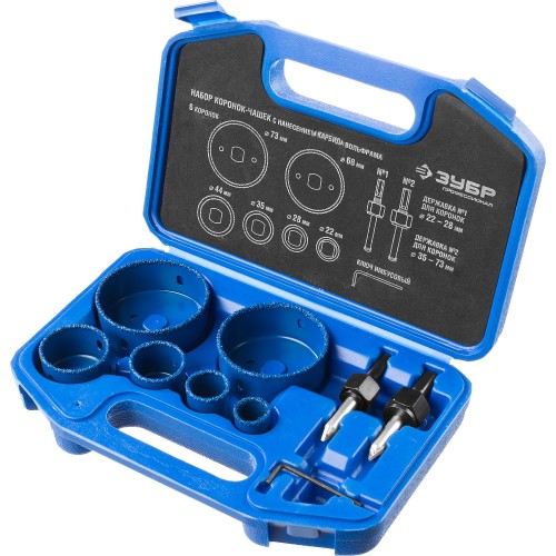 ЗУБР 6 шт, d 22, 28, 35, 44, 68, 73 мм, L 25 мм, карбид вольфрама, набор коронок-чашек с оснасткой, Профессионал (33360-H6)