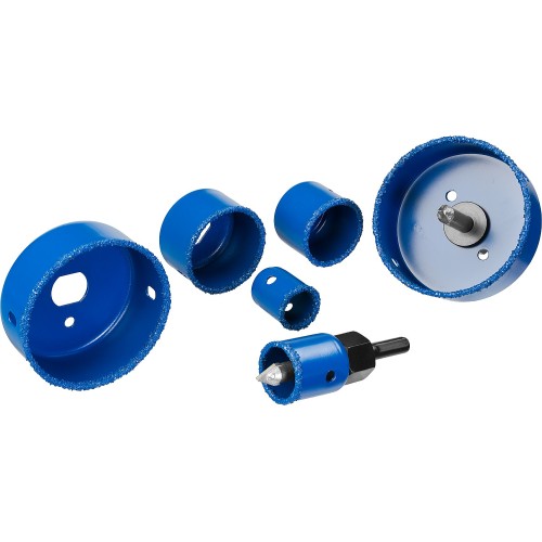 ЗУБР 6 шт, d 22, 28, 35, 44, 68, 73 мм, L 25 мм, карбид вольфрама, набор коронок-чашек с оснасткой, Профессионал (33360-H6)