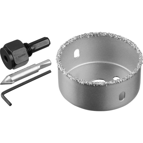 ЗУБР 64 мм, L 25 мм, карбид вольфрама, коронка-чашка с державкой и сверлом, Профессионал (33360-064)