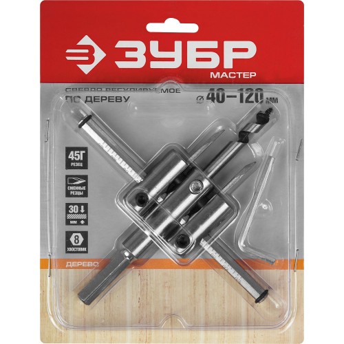 ЗУБР d 40-120 мм, глубина реза 30 мм, регулируемое сверло по дереву (29440-120)