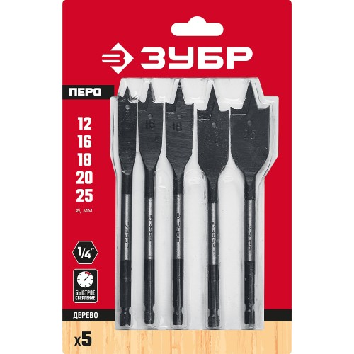 ЗУБР 5 шт, 12-16-18-20-25 мм, хвостовик HEX 1/4″, набор перовых сверл по дереву (29505-H5)