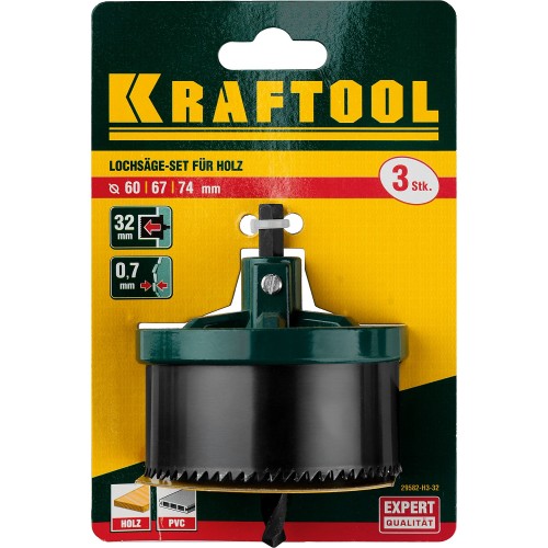KRAFTOOL 3 шт, (60-67-74 x 32 мм), наборная кольцевая пила по дереву (29582-H3-32)