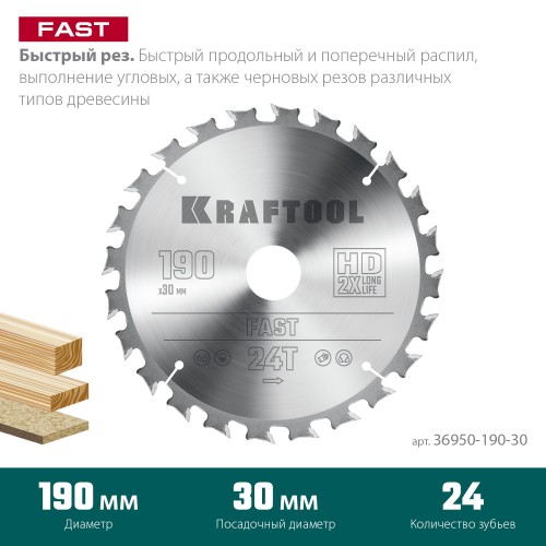 KRAFTOOL Fast, 190 х 30 мм, 24Т, пильный диск по дереву (36950-190-30)