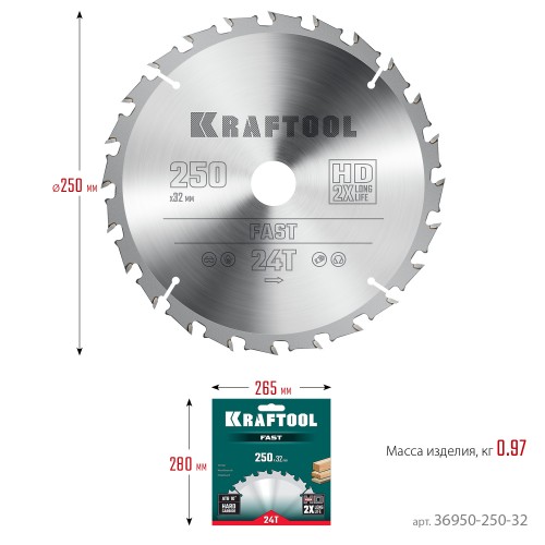 KRAFTOOL Fast, 250 х 32 мм, 24Т, пильный диск по дереву (36950-250-32)