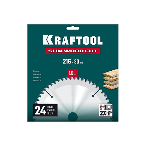 KRAFTOOL Slim wood cut 216 х 30 x 1.8 мм, 24Т, диск пильный по дереву, (36955-216-30-24)