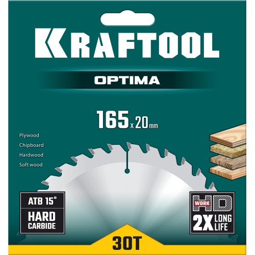 KRAFTOOL Optima, 165 х 20 мм, 30Т, пильный диск по дереву (36951-165-20)