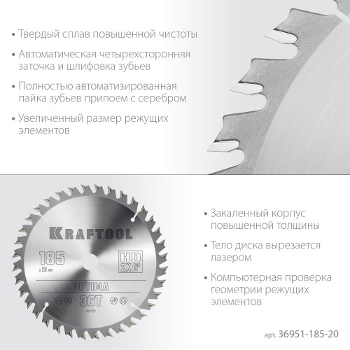 KRAFTOOL Optima, 185 х 20 мм, 36Т, пильный диск по дереву (36951-185-20)