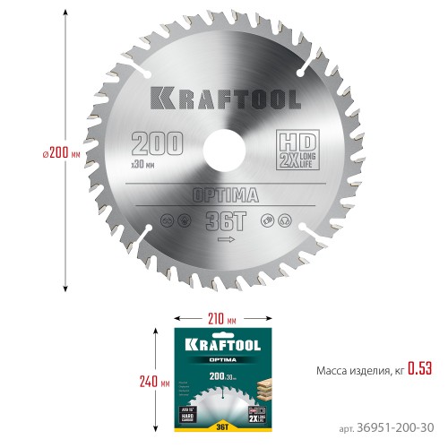KRAFTOOL Optima, 200 х 30 мм, 36Т, пильный диск по дереву (36951-200-30)