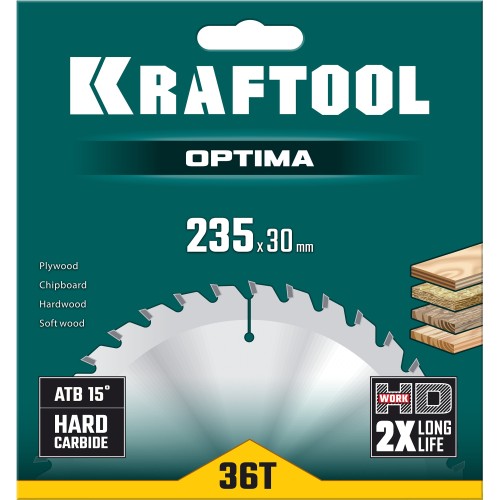 KRAFTOOL Optima, 235 х 30 мм, 36Т, пильный диск по дереву (36951-235-30)