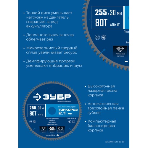 ЗУБР Тонкорез 255х30 x 2.1 мм, 80Т, диск пильный по дереву тонкий рез, Профессионал (36933-255-30-80)