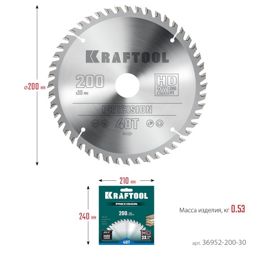 KRAFTOOL Precision, 200 х 30 мм, 48Т, пильный диск по дереву (36952-200-30)