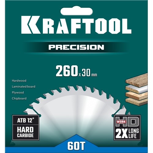 KRAFTOOL Precision, 260 х 30 мм, 60Т, пильный диск по дереву (36952-260-30)