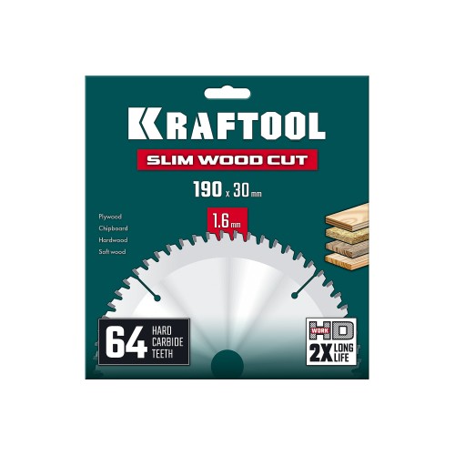 KRAFTOOL Slim wood cut 190 х 30 x 1.6 мм, 64Т, диск пильный по дереву, (36955-190-30-64)