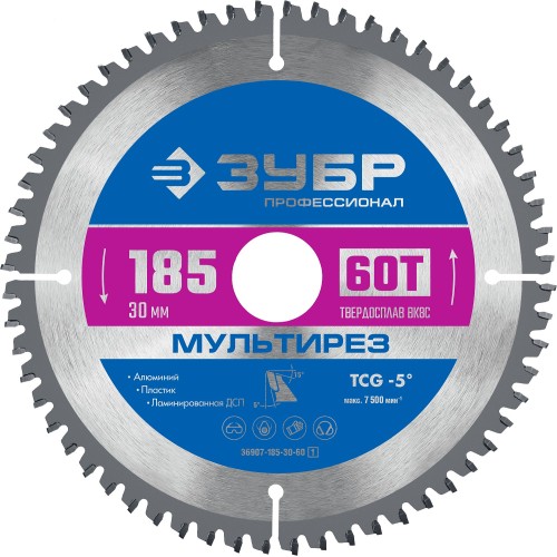 ЗУБР Мультирез, 185 x 30 мм, 60Т, пильный диск по алюминию, Профессионал (36907-185-30-60)