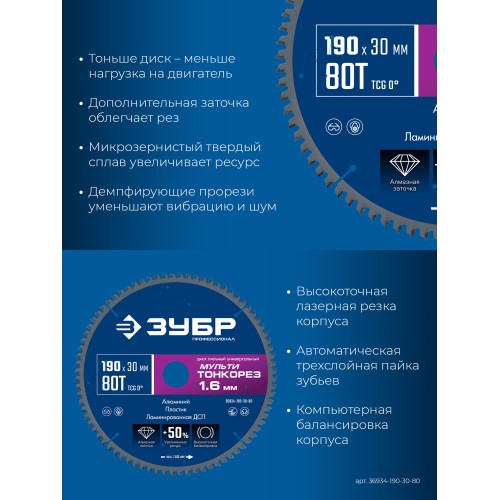 ЗУБР Мульти Тонкорез 190х30 x 1.6 мм, 80Т, диск пильный универсальный, тонкий рез, Профессионал (36934-190-30-80)