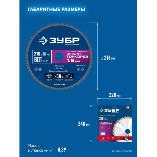 ЗУБР Мульти Тонкорез 216х30 x 1.8 мм, 80Т, диск пильный универсальный, тонкий рез, Профессионал (36934-216-30-80)