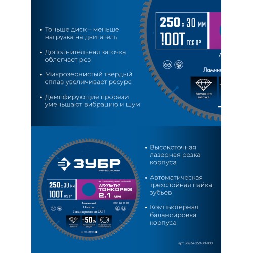 ЗУБР Мульти Тонкорез 250х30 x 2.1 мм, 100Т, диск пильный универсальный тонкий рез, Профессионал (36934-250-30-100)