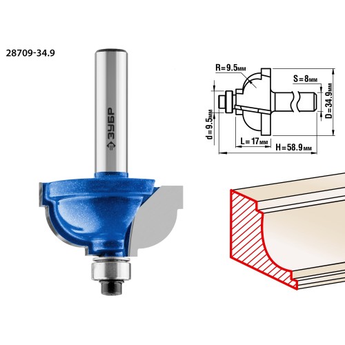 ЗУБР 34.9 x 19 мм, радиус 9.5 мм, фреза кромочная калевочная №7, Профессионал (28709-34.9)