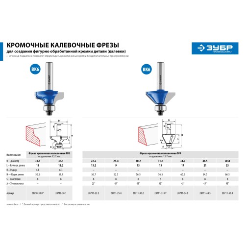 ЗУБР 44.5 x 23 мм, фреза кромочная калевочная (фасочная) №9, Профессионал (28711-44.5)