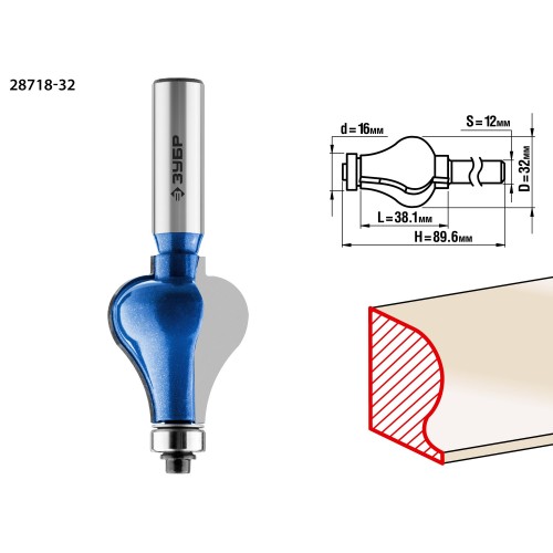 ЗУБР 32 x 38 мм, хвостовик 12 мм, фреза кромочная фигурная №7, Профессионал (28718-32)