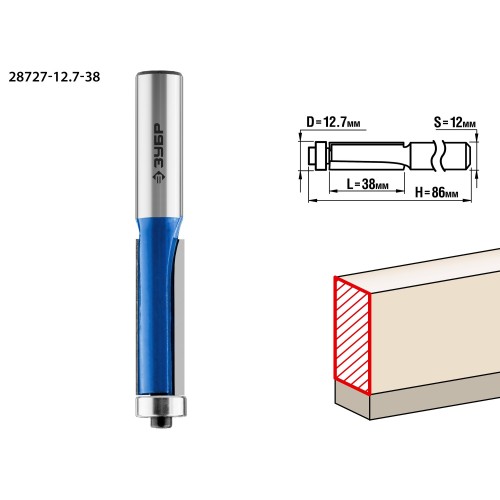 ЗУБР 12.7 x 38 мм, хвостовик 12 мм, фреза кромочная с нижним подшипником, Профессионал (28727-12.7-38)