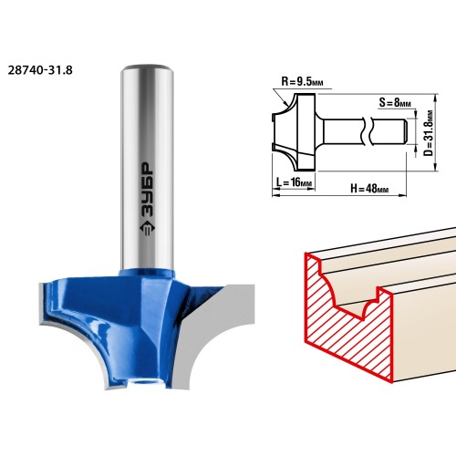ЗУБР 31.8 x 16 мм, радиус 9.5 мм, фреза пазовая фасонная №1, Профессионал (28740-31.8)