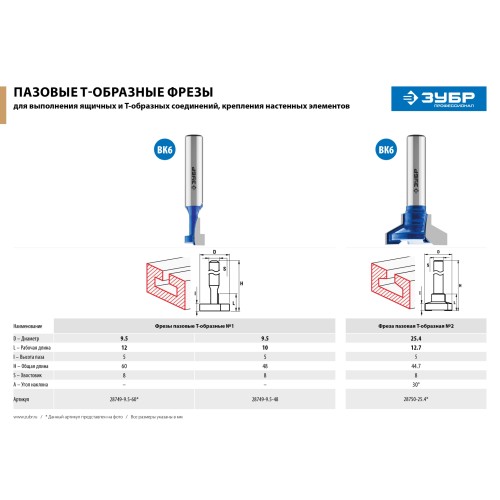 ЗУБР 25.4 x 12.7 мм, высота 12.7 мм, фреза пазовая Т-образная №2, Профессионал (28750-25.4)