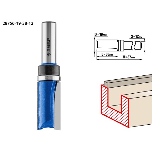 ЗУБР 19 x 38 мм, хвостовик 12 мм, фреза пазовая прямая с верхним подшипником. , Профессионал (28756-19-38-12)