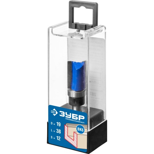ЗУБР 19 x 38 мм, хвостовик 12 мм, фреза пазовая прямая с верхним подшипником. , Профессионал (28756-19-38-12)