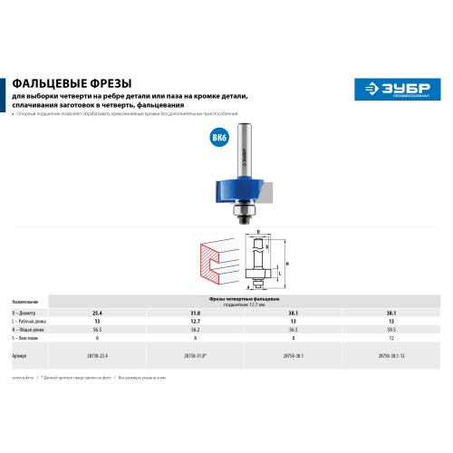 ЗУБР 38.1 x 13 мм, хвостовик 12 мм, фреза фальцевая, Профессионал (28758-38.1-12)