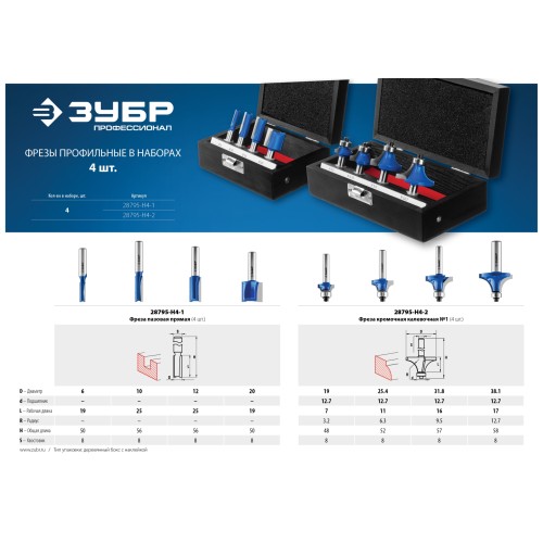 ЗУБР 4 шт, набор профильных фрез по дереву, Профессионал (28795-H4-2)