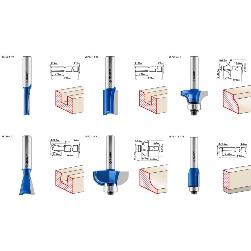 ЗУБР 6 шт, набор профильных фрез по дереву, Профессионал (28795-H6)