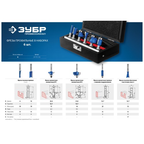 ЗУБР 6 шт, набор профильных фрез по дереву, Профессионал (28795-H6)