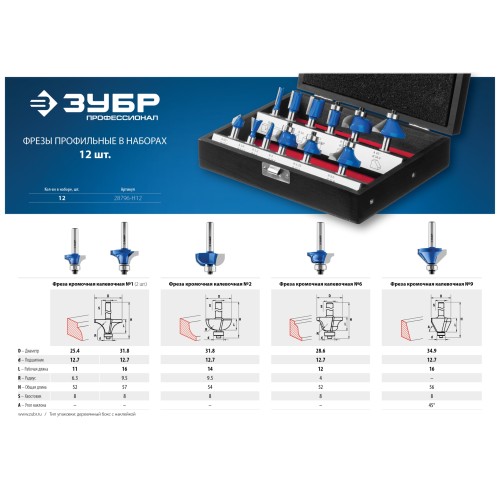ЗУБР 12 шт, набор профильных фрез по дереву, Профессионал (28796-H12)