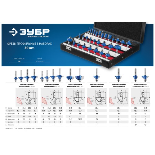 ЗУБР 30 шт, набор профильных фрез по дереву, Профессионал (28796-H30)
