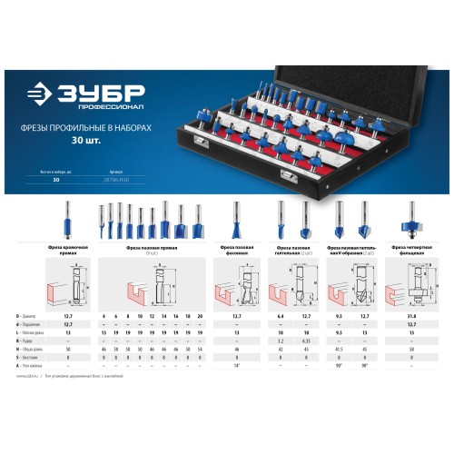 ЗУБР 30 шт, набор профильных фрез по дереву, Профессионал (28796-H30)