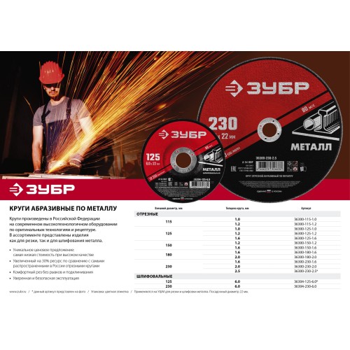 ЗУБР 150 x 1.6 х 22.2 мм, для УШМ, круг отрезной по металлу (36300-150-1.6)