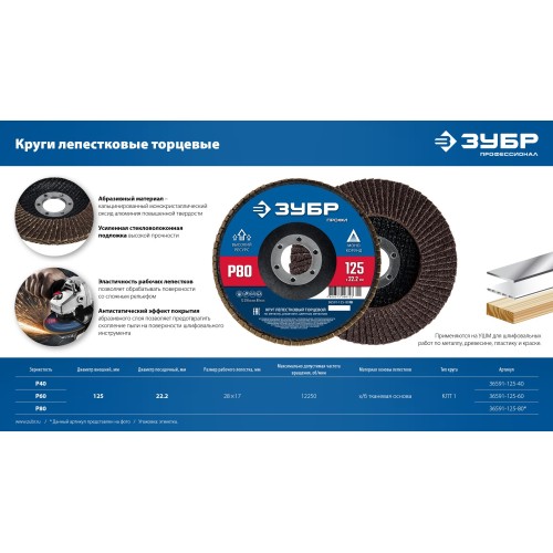 ЗУБР 125 х 22.2 мм, P60, КЛТ, Круг лепестковый торцевой (36591-125-60)