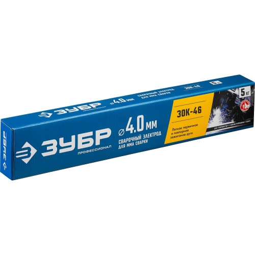 ЗУБР Д 4.0 х 450 мм, 5 кг в коробке, ЗОК-46 рутил-целлюлозный, электрод сварочный, Профессионал (40035-4.0)
