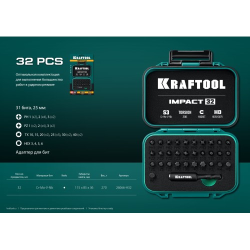 KRAFTOOL Impact-32, 32 шт, набор ударных бит (26066-H32)