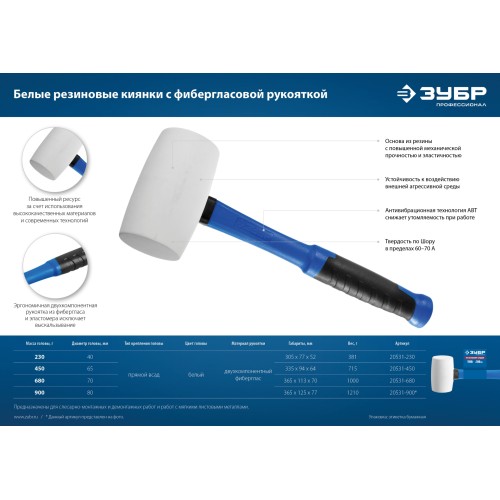 ЗУБР 680 г, белая, резиновая киянка, Профессионал (20531-680)