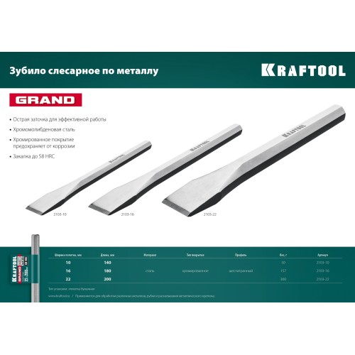 KRAFTOOL Grand, 16 х 180 мм, слесарное зубило по металлу (2103-16)