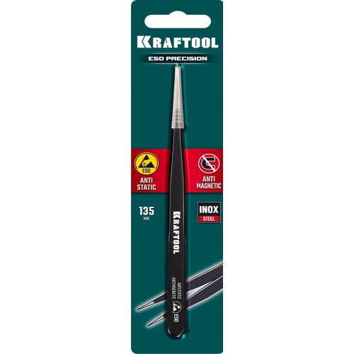 KRAFTOOL прямой 135 мм, Антистатический антимагнитный прецизионный пинцет (222125)