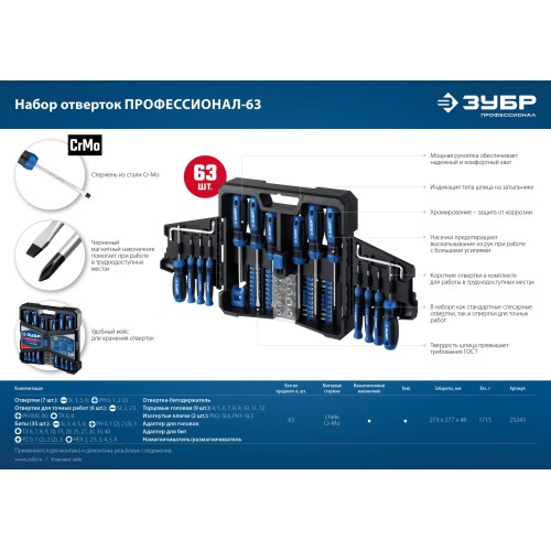 ЗУБР 63 предм., набор отверток, Профессионал (25243)